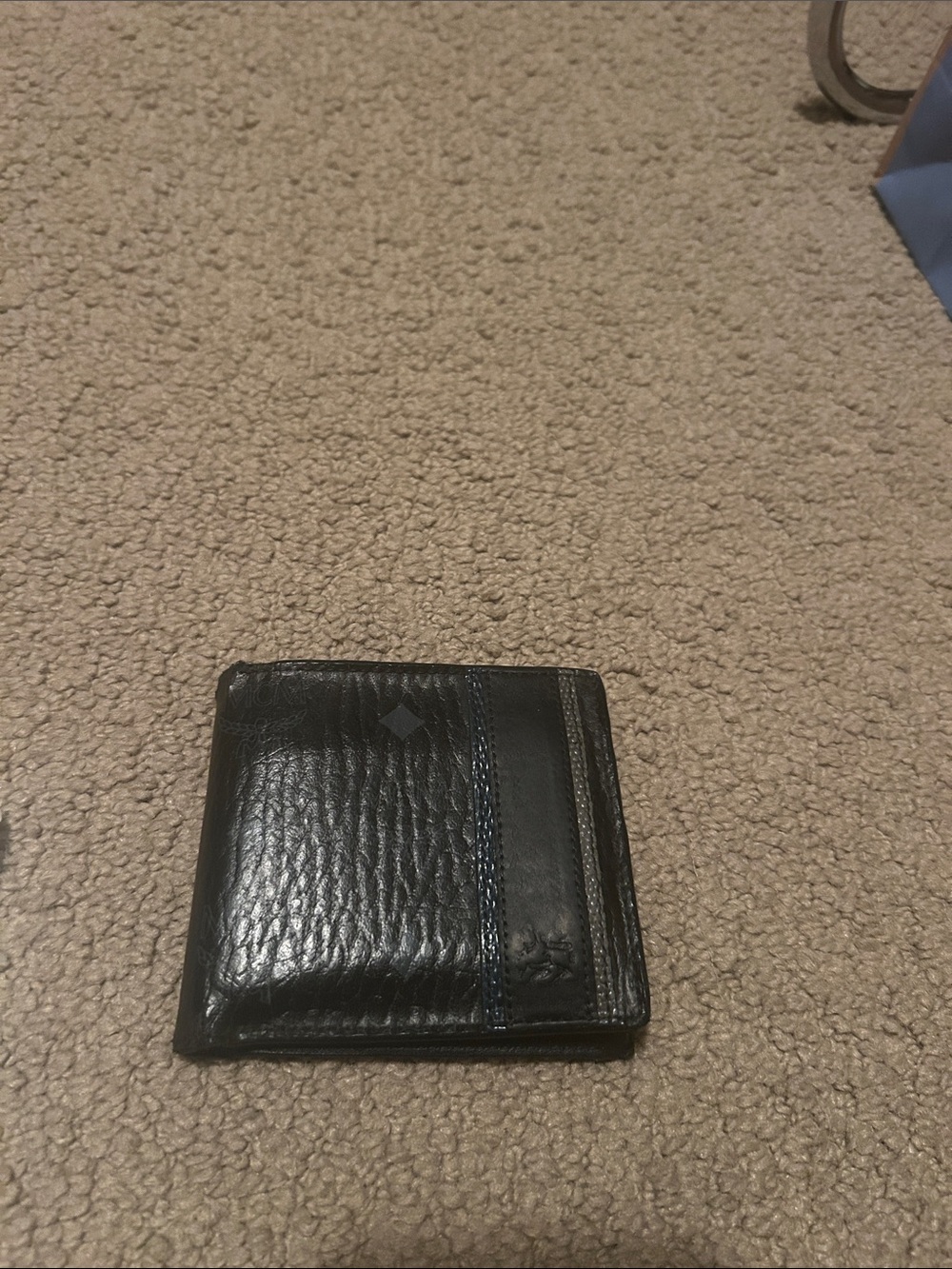 MCM Black Leather Bi-Fold Wallet with Blue Accent Stitching